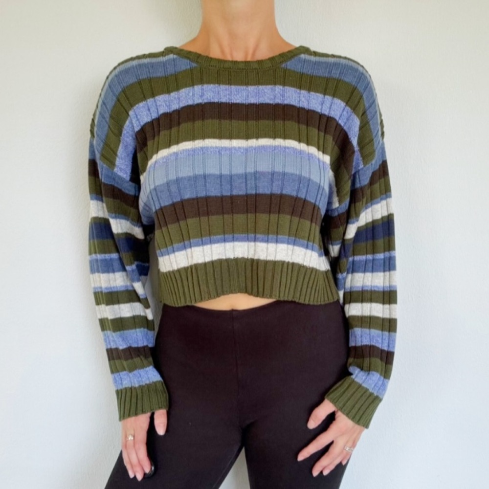 Le Lis green blue stripe stretch ribbed knit cropped long sleeve sweater small